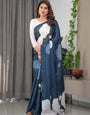 Midnight Blue Satin Georgette White Rose Printed Saree with Attached Blouse – Elegant Designer Saree for Festive & Evening Wear