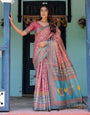 Rosewood Red Handloom Cotton Saree with Artistic Fish Pallu & Floral Vine Print