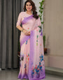 Lavender Pink Satin Georgette Floral Printed Saree with Ombre Border & Attached Blouse – Soft Pastel Designer Elegance