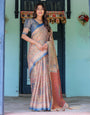 Rust & Blue Handloom Cotton Saree with Classical Dancer Motif and Patchwork Digital Print
