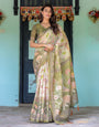 Olive Green & Ivory Handloom Cotton Saree with Lotus Blooms and Royal Elephant Motifs