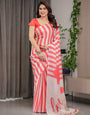 Coral Pink & Ivory Striped Satin Georgette Saree with Heart Motif Romantic Pallu and Attached Coral Blouse – 5.5 Meter Designer Saree for Valentine’s Day & Anniversary Wear