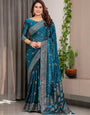 Peacock Teal Fendi Satin Block & Foil Printed Saree with Traditional Motifs, Tassel Edges & Attached Blouse