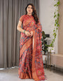 Rust Orange Cotton Linen Saree with Multicolor Floral Print & Zari Border | With Blouse