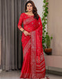 Classic Red Fendi Satin Block & Foil Printed Saree with Traditional Butti Motifs, Tassel Edges & Attached Blouse