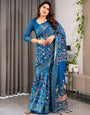 Royal Blue Cotton Linen Saree with Nature-Inspired Print, Zari Border & Tassels | With Blouse