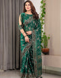 Emerald Green Fendi Satin Floral Block & Foil Printed Saree with Ornamental Border, Tassel Edges & Attached Blouse