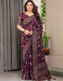 Plum Purple Fendi Satin Floral Block & Foil Printed Saree with Ornamental Border, Tassel Edges & Attached Blouse