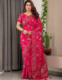 Magenta Pink Fendi Satin Floral Block & Foil Printed Saree with Ornamental Border, Tassel Edges & Attached Blouse