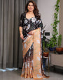 Black & Peach Daisy Floral Printed Satin Georgette Saree with Contrast Pallu and Designer Attached Blouse