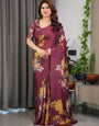 Maroon Floral Satin Georgette Saree with Mustard Leaf Print & Designer Attached Blouse – Soft Elegant Draping Saree