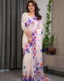 Cream Satin Georgette Multicolor Floral Printed Saree with Attached Blouse – Soft Pastel Designer Saree for Festive & Elegant Wear
