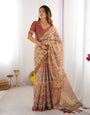 Beige Handloom Cotton Saree with Rust Blouse and Village Celebration Print