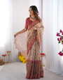 Handloom Beige Cotton Saree with Maroon Blouse, Pomegranate Floral Print & Village Tale Pallu