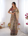 Olive Green Pure Linen Cotton Handloom Saree with Pink Lotus Motifs & Maroon Blouse