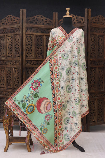 Ivory Cream & Mint Green Floral Printed Malai Silk Dupatta with Folk Border & Tassel Detailing