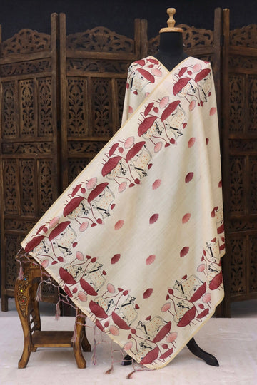 Cream & Maroon Cow Motif Printed Malai Silk Dupatta with Folk Border & Tassel Detailing
