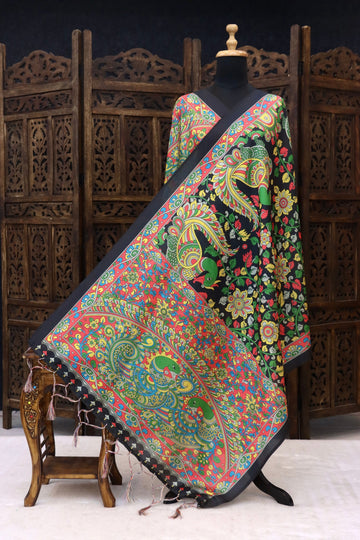 Black Malai Silk Dupatta with Multicolor Peacock & Paisley Folk Print and Contrast Border with Tassels