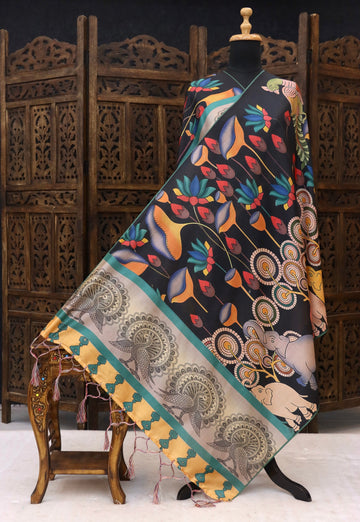 Charcoal Black Malai Silk Dupatta with Peacock, Elephant & Floral Folk Print and Contrast Border with Tassels