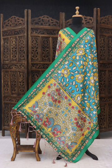 Teal Blue & Mustard Yellow Malai Silk Dupatta with Floral Tree of Life Print, Contrast Green Border & Tassels