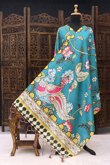 Teal Blue Malai Silk Dupatta with Peacock & Floral Print, Decorative Border and Tassel Detailing