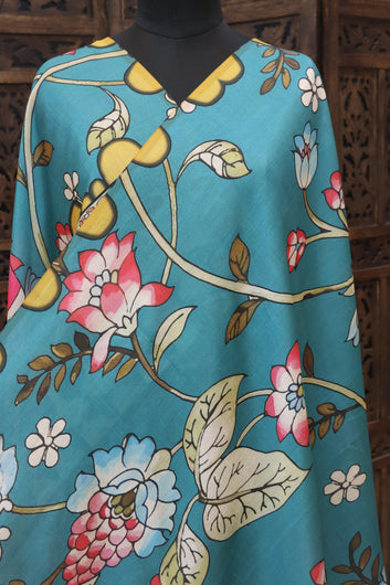 Teal Blue Malai Silk Dupatta with Peacock & Floral Print, Decorative Border and Tassel Detailing