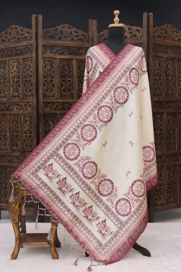Ivory Cream & Maroon Malai Silk Dupatta with Circular Floral Motifs, Traditional Border & Tassel Detailing