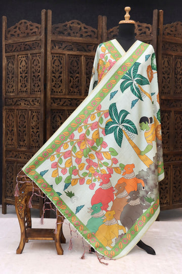 Ivory White Malai Silk Dupatta with Tribal Cow Motifs, Palm Tree Folk Art & Green Floral Border with Tassels