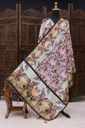 Blush Pink & Ivory Malai Silk Dupatta with Crane Bird Motifs, Floral Print Body & Contrast Border with Tassels