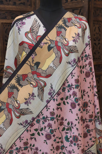 Blush Pink & Ivory Malai Silk Dupatta with Crane Bird Motifs, Floral Print Body & Contrast Border with Tassels