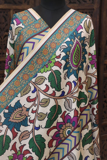 Ivory White Malai Silk Dupatta with Multicolor Floral & Paisley Print, Chevron Border and Tassel Detailing