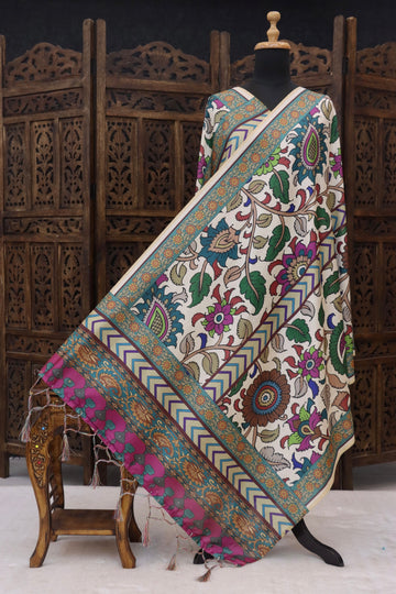 Ivory White Malai Silk Dupatta with Multicolor Floral & Paisley Print, Chevron Border and Tassel Detailing