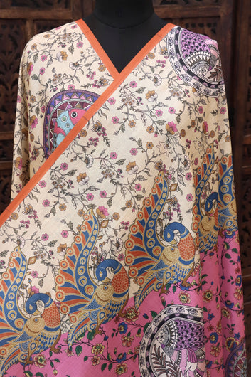 Cream & Rose Pink Malai Silk Dupatta with Peacock Border, Floral Print Body & Orange Contrast Border with Tassels