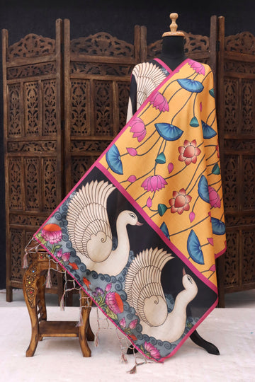 Mustard Yellow Malai Silk Dupatta with Swan Motif Border, Lotus Floral Print & Pink Contrast Edges with Tassels