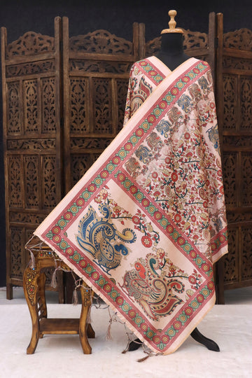 Blush Pink Malai Silk Dupatta with Floral Vine Print, Peacock Motif Border & Traditional Contrast Edging with Tassels