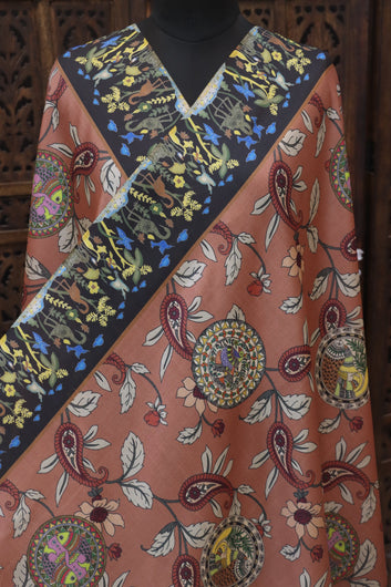 Rust Brown Malai Silk Dupatta with Paisley Floral Print, Folk Medallion Motifs & Contrast Botanical Border with Tassels