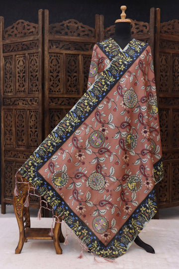 Rust Brown Malai Silk Dupatta with Paisley Floral Print, Folk Medallion Motifs & Contrast Botanical Border with Tassels