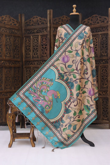 Beige & Teal Malai Silk Dupatta with Lotus Vine Print, Peacock Motif Panel & Geometric Contrast Border with Tassels
