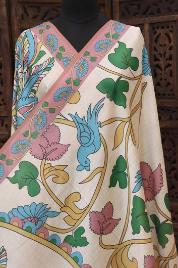 Ivory & Pastel Pink Malai Silk Dupatta with Peacock Motif Panel, Floral Vine Print & Contrast Border with Tassels