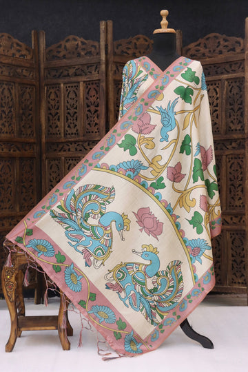Ivory & Pastel Pink Malai Silk Dupatta with Peacock Motif Panel, Floral Vine Print & Contrast Border with Tassels