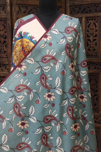 Ivory Malai Silk Dupatta with Heritage Crowd Illustration Border, Pastel Leaf Motifs & Tassel Detailing