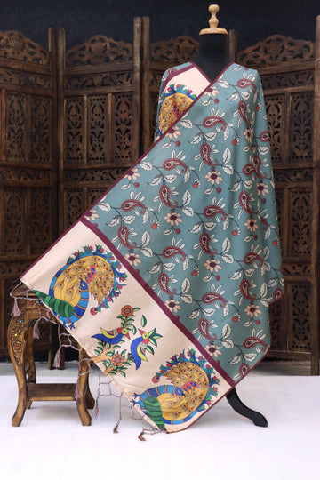 Ivory Malai Silk Dupatta with Heritage Crowd Illustration Border, Pastel Leaf Motifs & Tassel Detailing