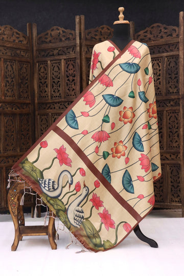 Beige Malai Silk Dupatta with Swan & Lotus Border, Floral Flow Print & Tassel Detailing