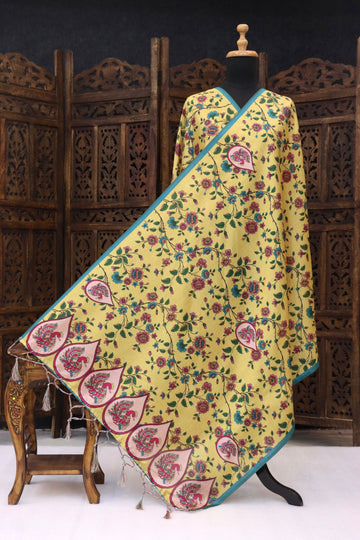 Lemon Yellow Malai Silk Dupatta with Floral Vine Print, Paisley Motifs & Contrast Teal Border