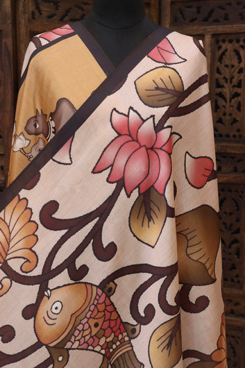 Beige & Mustard Malai Silk Dupatta with Floral Vine Artwork, Fish Motif & Traditional Cow Pallu Print