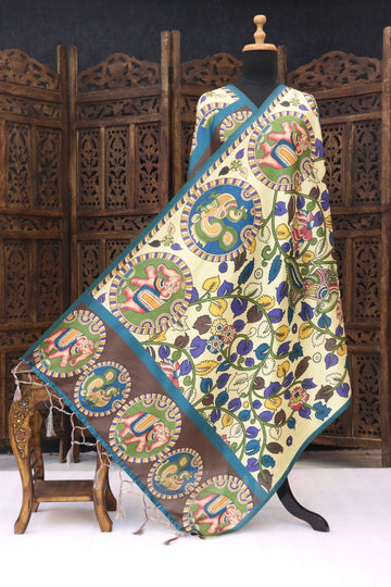 Ivory & Teal Malai Silk Dupatta with Circular Kalamkari Motifs, Floral Vine Print & Contrast Border