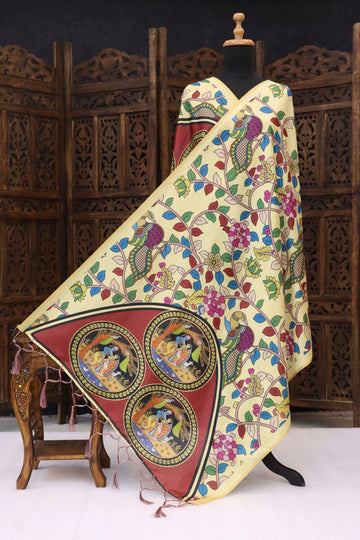 Lemon Yellow Malai Silk Dupatta with Peacock Vine Print & Circular Folk Art Pallu