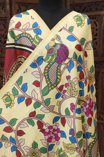 Lemon Yellow Malai Silk Dupatta with Peacock Vine Print & Circular Folk Art Pallu