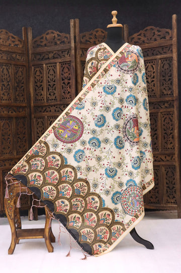 Ivory Malai Silk Dupatta with Peach Floral Vine Print & Intricate Blue Ethnic Border