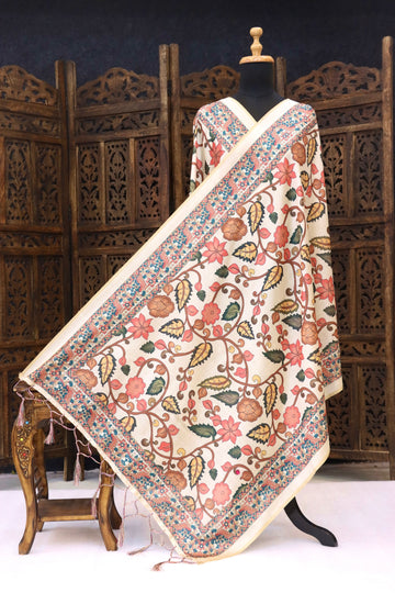 Ivory Malai Silk Dupatta with Blue Floral Jaal & Multicolor Folk Medallion Border